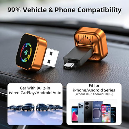 2026 Wireless CarPlay Adapter for iPhone No Audio Lag Auto-Connect Plug and Play Convert Factory Wired to Wireless CarPlay Bluetooth 5.2 and 2.4GHz&5.8GHz Wi-Fi Includes USB and Type C (Orange)