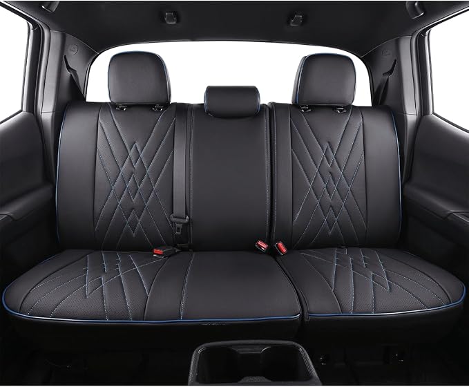 EKR Custom Fit Tacoma Rear Car Seat Covers for Toyota Tacoma 2016 2017 2018 2019 2020 2021 2022 2023 Access Cab - Second Row Only,Faux Leather(Black with Blue Trim)