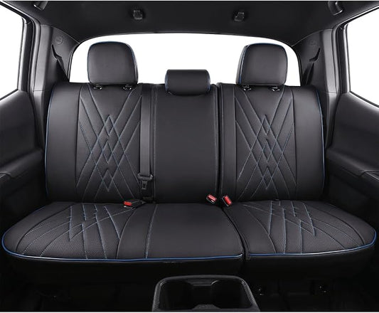 EKR Custom Fit Tacoma Rear Car Seat Covers for Toyota Tacoma 2016 2017 2018 2019 2020 2021 2022 2023 Access Cab - Second Row Only,Faux Leather(Black with Blue Trim)