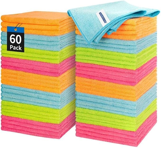 Microfiber Cleaning Cloth - 60 Pack Shop Towels, 12" x 12" Cleaning Rags Lint Free, Reusable Microfiber Towels for Cars Kitchen Automotive House Office