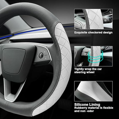 LKWLIKEI Leather Steering Wheel Cover. Elegant Diamond Checkered Design, Non-Slip and Breathable, for Tesla Model 3/Y Steering Wheel Protector,Black White