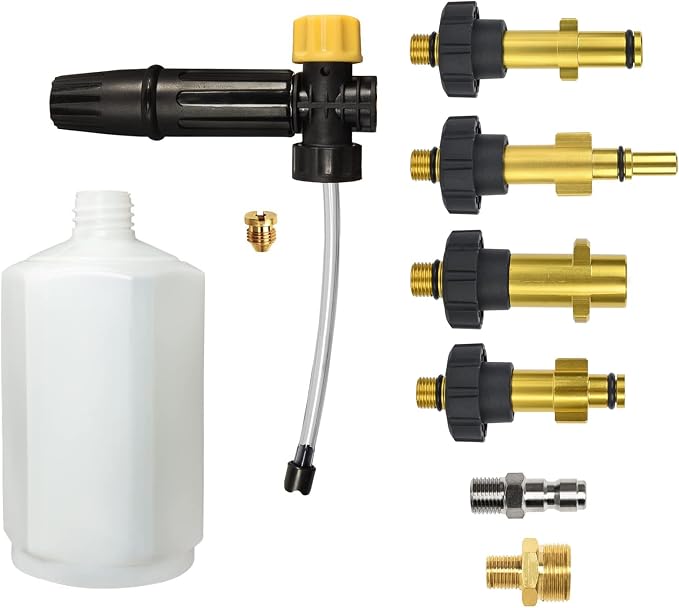 Electric Pressure Washer DIY Foam Cannon with 1/4” Quick Connector & Other 5 Adapters, Power Washer Adjustable Snow Foam Lance 0.6L Bottle, Jet Car Wash Soap Foam Nozzle, 500~2200PSI, 1.0~2.2GPM…
