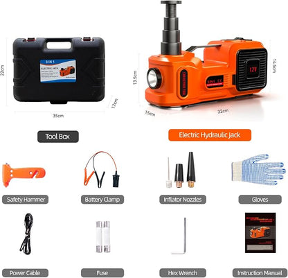 Car Jack Electric Hydraulic Jack 5Ton 155-450mm 3in1 Lift Inflator LED Light 12V Portable Outdoor Home Emergency Tire Change Roadside Rescue Tool for Sedan SUV MPV