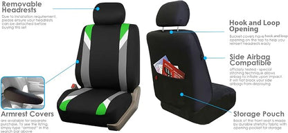 FH Group Front Set Cloth Car Seat Covers for Low Back Car Seats with Removable Headrest, Universal Fit, Airbag Compatible Seat Cover for SUV, Sedan, Van, Green