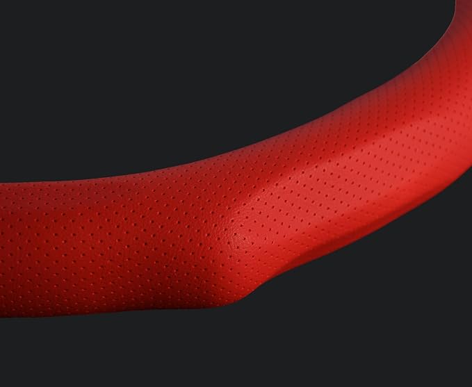Quick Install Sporty Red Perforated Nappa Leather Steering Wheel Cover Anti-Slip Universal fit 14 ½ to 15 inches Car SUV Pickup Steering Wheel