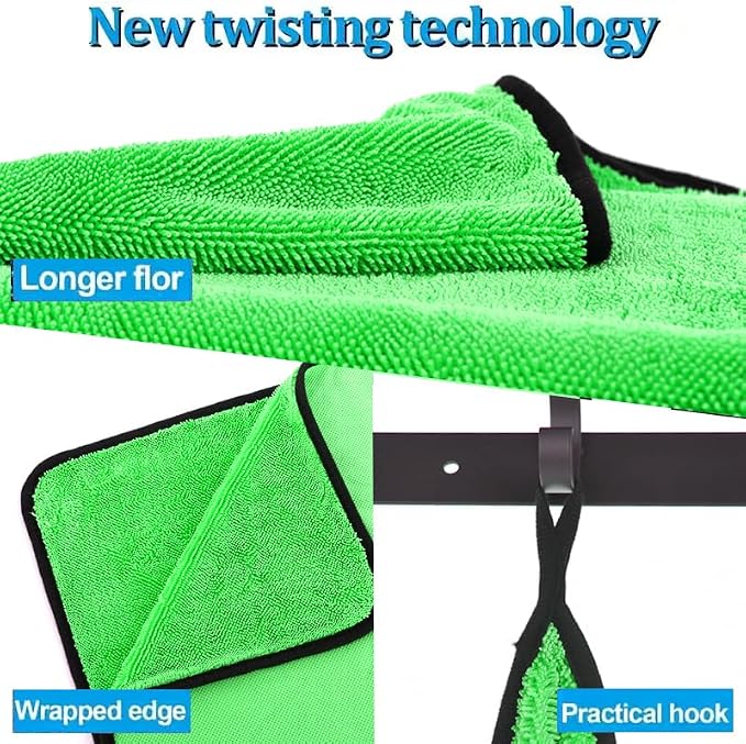 DIAOJIA 3 Pack Microfiber Car Towels (16" x 24"), 500 GSM Double-Sided Absorbent Coral Fleece Cloths for Washing, Drying & Cleaning, Streak-Free & Lint-Free (Green)