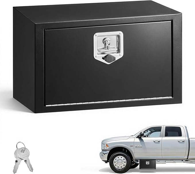 VEVOR Underbody Truck Tool Box, 24 x 12 x 14 Inch Heavy Duty Steel Trailer Storage Box with Lock & Keys, Waterproof Trailer Storage Organizer Under Body Chest with T-Handle for Truck, Van, SUV, Black