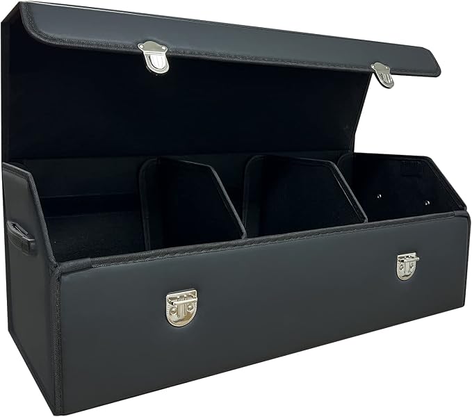 Car Trunk Organizer with Lid,Foldable Faux Leather Cargo Storage Box,3 Compartments,Collapsible Multi-Functional for SUV,Sedan,Vehicle Trunk