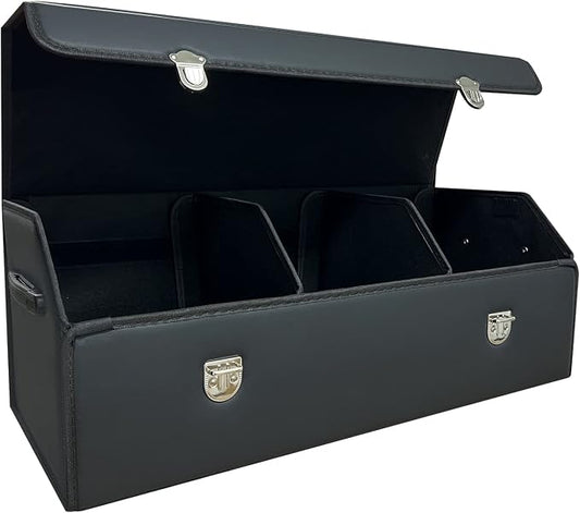 Car Trunk Organizer with Lid,Foldable Faux Leather Cargo Storage Box,3 Compartments,Collapsible Multi-Functional for SUV,Sedan,Vehicle Trunk
