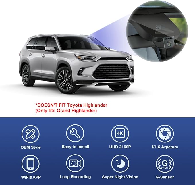 Fitcamx 4K Dash Cam Suitable for Toyota Grand Highlander 2024-2026 & Hybrid (HD2-0E130), Integrated OEM Look, UHD 2160P Video, Built-in WiFi & APP, Loop Recording, G-Sensor, Plug & Play, 64GB Card