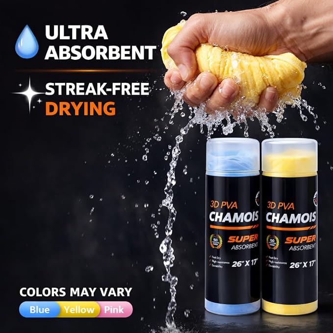 R.A. Car Drying Chamois 2-Pack (26x17in) - Ultra-Absorbent PVA Microfiber Towels for Cars - Streak-Free, Scratch-Resistant Cleaning with Storage Case - Essential Car Wash Kit Accessory