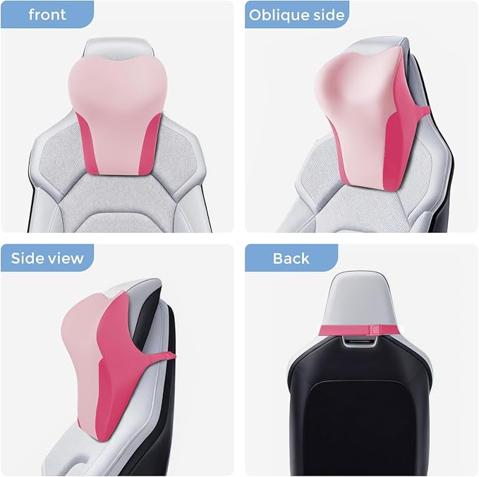 BABUR Car Neck Pillow for Driving Seat, Memory Foam Car Headrest Pillow, Ergonomic Neck Support, Breathable Removable Cover, Adjustable Strap, Pain Relief for Long Drives, Universal Fit | Pink
