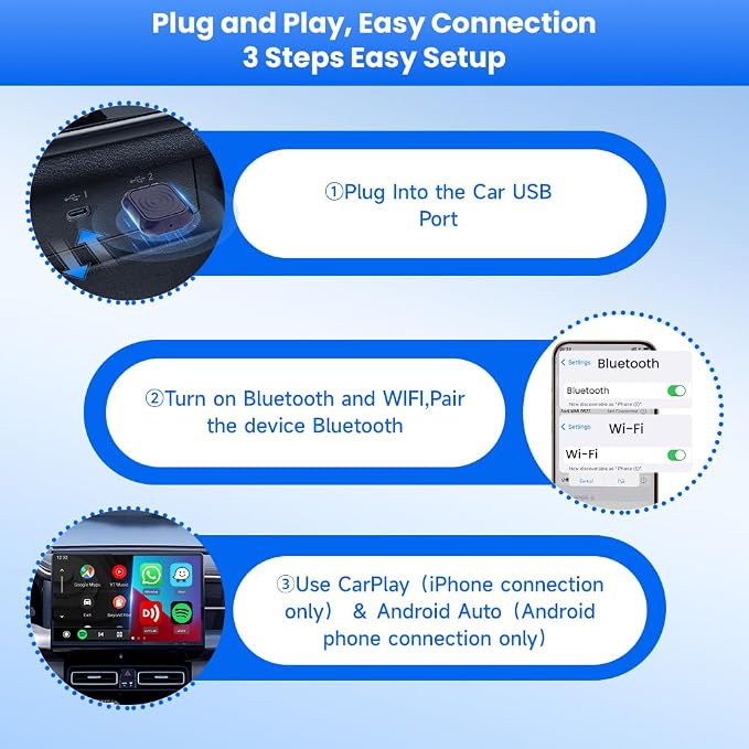 CarlinKit Mini Ultra 2-in-1 Wireless Android Auto for Android 11+ & Wireless CarPlay Adapter for iOS 10+, USB-C/A, Plug & Play, Low Latency, Mini USB Design for OEM Cars, Dark Blue