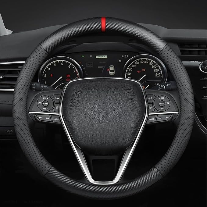 Carbon Fiber Leather car Steering Wheel Cover, Comfortable and Anti-Skid, Universal 15 inch (Black)