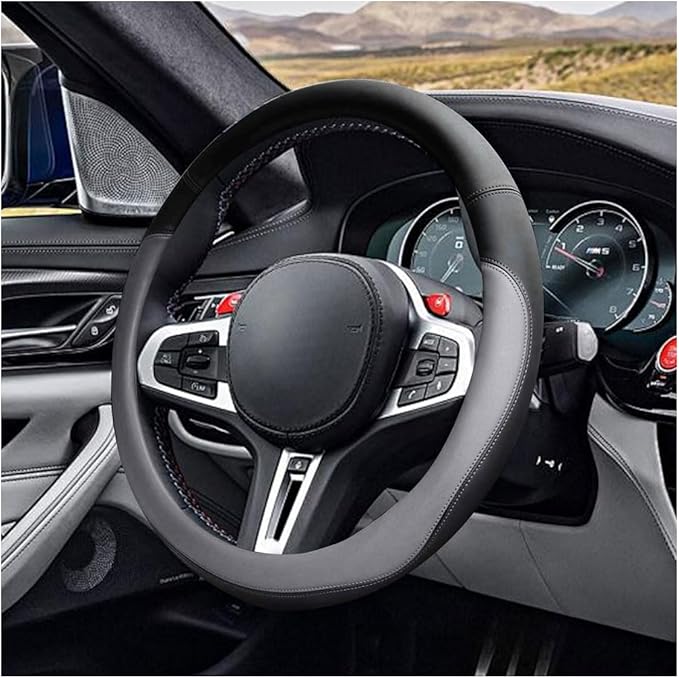 LAINLOY 14.5"-15" Car Steering Wheel Cover, Microfiber Leather Cover, Anti-Slip Breathable Steering Wheel Decoration, Universal Steering Wheel Accessories for Diverse Cars (Gray)