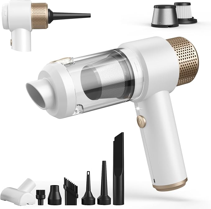 Vizeusvac Car Vacuum Cleaner, 16000PA Mini Car Vacuum Cordless Powerful, 7 in 1 Portable Handheld Vacuum Cordless with LED Light, Dual Filters, One-Touch Empty for Pet Hair, Home, Office