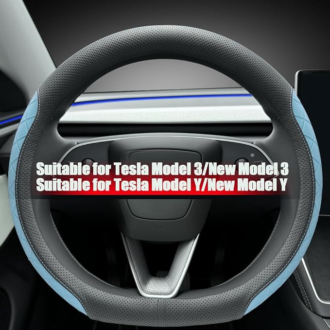 LKWLIKEI Leather Steering Wheel Cover. Elegant Diamond Checkered Design, Non-Slip and Breathable, for Tesla Model 3/Y Steering Wheel Protector,Black Blue