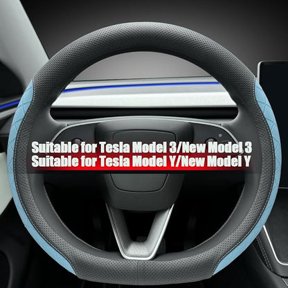LKWLIKEI Leather Steering Wheel Cover. Elegant Diamond Checkered Design, Non-Slip and Breathable, for Tesla Model 3/Y Steering Wheel Protector,Black Blue