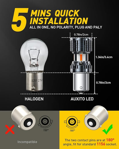 AUXITO CANBUS 1156 LED Bulbs Amber Yellow with Built-in Resistor 7506 1003 1141 BA15S P21W Anti Hyper Flash Error Free Turn Signal Lights Blinker Parking Lights, Pack of 2