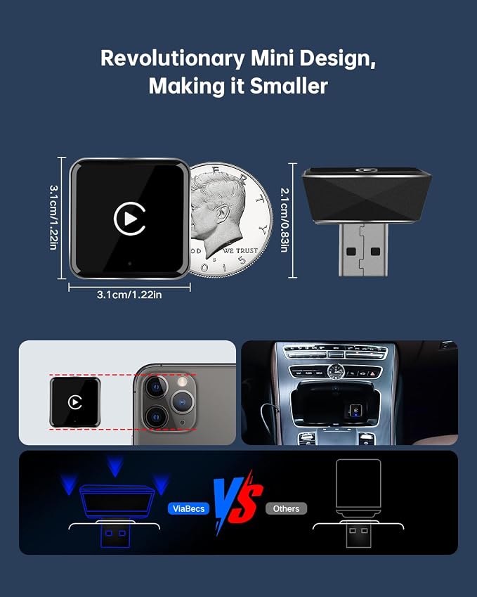 Wireless CarPlay Adapter for iPhone, Convert Wired to Wireless, Small Size | ViaBecs Fast Stable Connection Wireless Adapter Plug & Play For 2016+ Cars, Auto-Reconnect, Siri, USB-C Adapter, Low Latency
