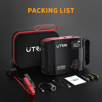 UTRAI Jump Starter with Air Compressor, 7000A 27000mAh Car Starter Jump Box with 150PSI Tire Inflator, Portable Jump Pack (All Gas/10L Diesel), DC160W, QC3.0 Jumper Cables, 1600LM Light