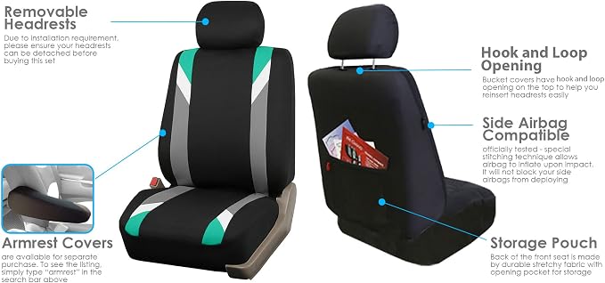 FH Group Front Set Cloth Car Seat Covers for Low Back Car Seats with Removable Headrest, Universal Fit, Airbag Compatible, Seat Cover for SUV, Sedan, Van, Mint