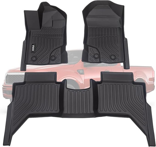 VIWIK Floor Mats for Ford Ranger SuperCrew Cab 2023 2022 2021 2020 2019, All Weather Truck Liners, TPE Rubber Car Mats Front and Rear
