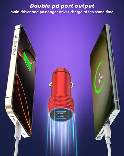 Fast Car Charger for iPhone 16,USB C Charging iPhone 2Pack Dual USB C Port Car Charger Block Cigarette Lighter Adapter Plug with Woven Braided USBC to USBC Cord for iPhone 16/16 Pro/15/iPad(Red)