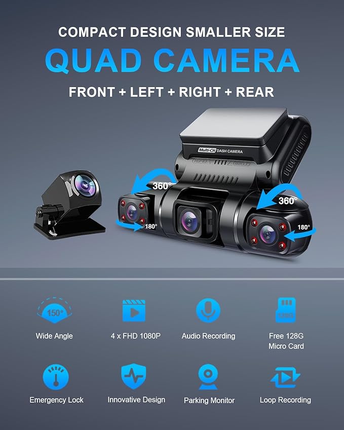 PRUVEEO 360° 4 Channel Dash Cam Front and Rear Inside Left Right, Dash Camera for Cars, Built-in GPS WiFi Night Vision, 24/7 Recording Parking Mode Monitor, 128G Card Included