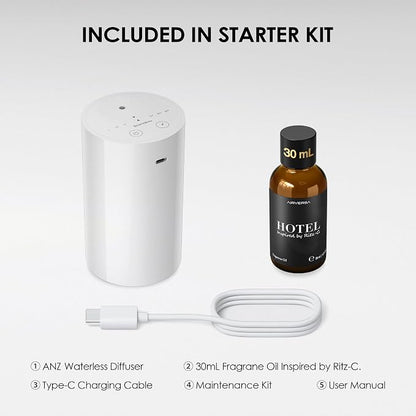 Waterless Essential Diffuser Starter Kit with 30mL Ritz-C Hotel Scent Fragrance, Rechargeable Portable Scent Diffuser with 3 Timers/Mist Levels for Car Room Home Office, ANZ White KIT