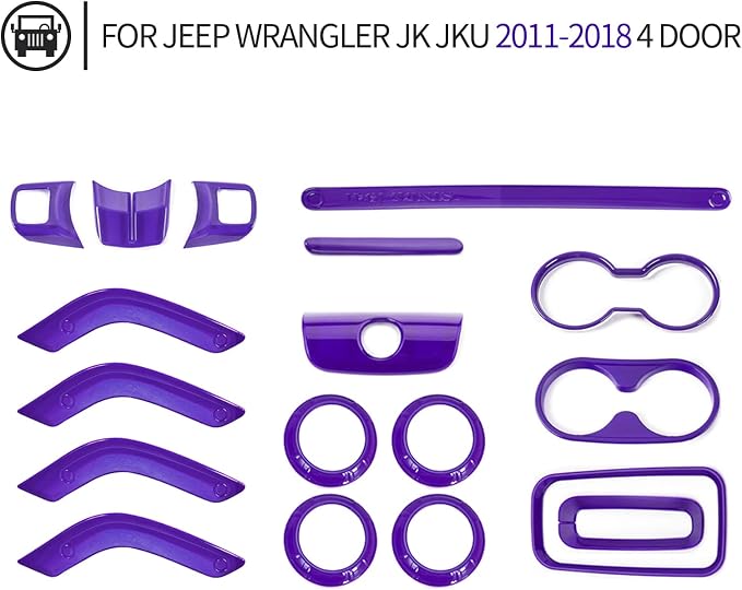 18PCS Full Set Interior Trim Kit for Jeep Wrangler JK JKU 2011-2018 4 Door,Center Console Door Handle Side Outlet Cup Holder Gear Cover Trim (Purple)
