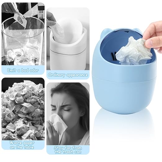 Mini Trash Can, Cute Small Trash Can with Lid, Desktop Paper Bin with 5 Rolls of Bin Liners, Portable Tabletop Dustbin, Cartoon Animal Rubbish Storage for Kitchen(Blue)