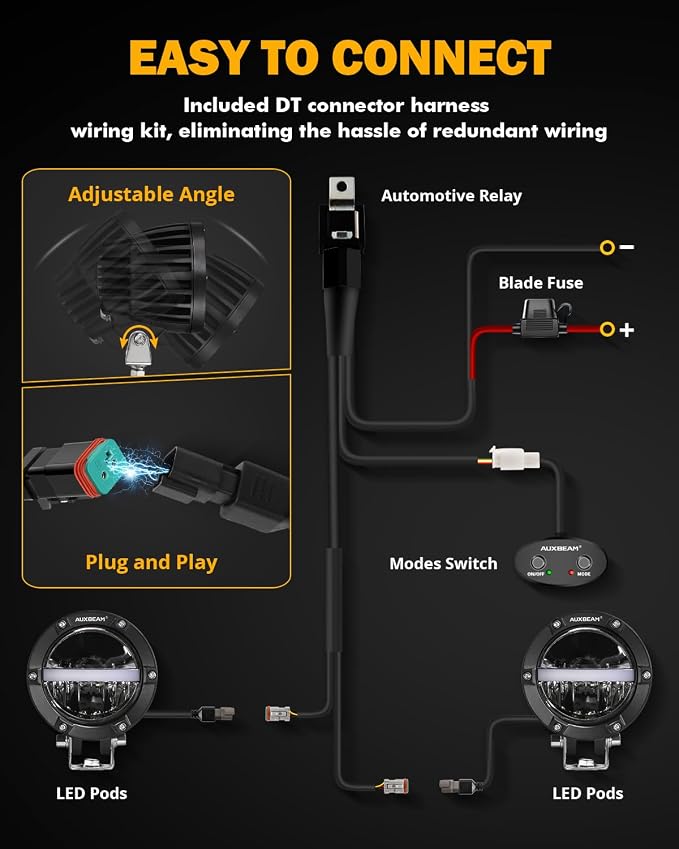 Auxbeam 4 Inch 110W Round Offroad Lights, Amber DRL Design 11000LM LED Light Pods, Super Bright 7035 SMD LED Work Driving Fog Light with DT Wiring Harness Kit for Truck Jeep Pickup SUV ATV UTV, 2 PCS