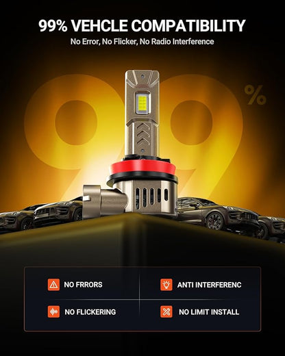 SEALIGHT H11/H9/H8 LED Bulb, 1000% Super Brighter, 6500K White Built-in Driver, 70000Hrs Lifespan with 25000RPM Cooling Fan, IP68 Waterproof,70000Hrs Long Service Life, 2 Pack