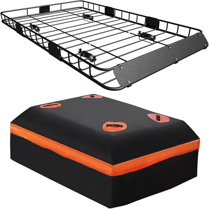WEIZE Roof Rack Carrier Basket Universal Rooftop 54" x 34" x 6" + Waterproof Bag, Cargo Net with Attachment Hooks, Ratchet Straps for SUV, Truck