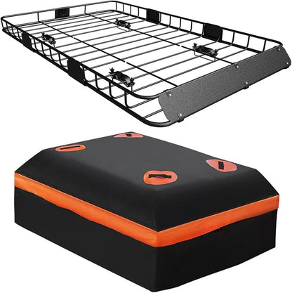 WEIZE Roof Rack Carrier Basket Universal Rooftop 54" x 34" x 6" + Waterproof Bag, Cargo Net with Attachment Hooks, Ratchet Straps for SUV, Truck