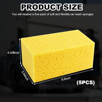 5PCS Car Wash Sponges, 8.5"×4.4"×3.5" Large Extra Soft Coral Non Scratch Sponge, Car Cleaning Cellulose Sponge Thick Foam Pad for Washing Window Sensitive Surfaces (Yellow)