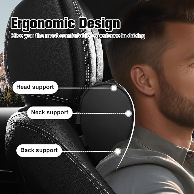 HOPON 2 Pack 2025 Upgrade Headrest Pillow for Tesla Model 3 Model Y with Adjustable Strap,Fits All Vehicles,Car Neck Pillow with Leather,for Head,Neck,Shoulders,Multipurpose,Car Accessories(Black)