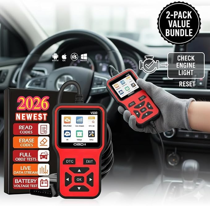 V500 OBD2 Scanner Diagnostic Tool, Professional Code Reader with Live Data Stream, DTC Lookup, I/M Readiness, O2 Sensor Test, EVAP System Test, Vehicle Info Display