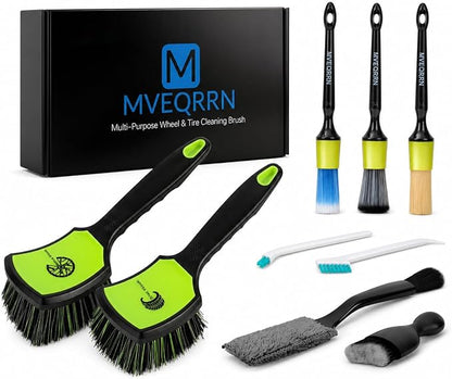 MVEQRRN 9PCS Car Detailing Brush Set, Boar Hair Detailing Brushes,Car Detailing Wheel Kit (Green) | Soft & Stiff Bristles Auto Detailing Brush,Wheel & Tire Brush,Interior & Exterior Car Brush,Car Wash Kit for Cars,Trucks,SUVs