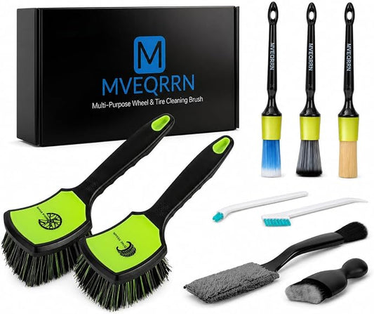 MVEQRRN 9PCS Car Detailing Brush Set, Boar Hair Detailing Brushes,Car Detailing Wheel Kit (Green) | Soft & Stiff Bristles Auto Detailing Brush,Wheel & Tire Brush,Interior & Exterior Car Brush,Car Wash Kit for Cars,Trucks,SUVs