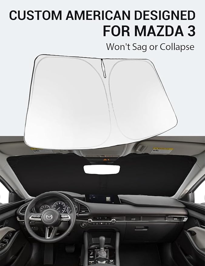 Proadsy 2026 Upgrade Windshield Sun Shade Custom Fit Mazda 3 2019-2025 2026 Mazda3 Hatchback/Sedan Front Sunshade Protector Foldable Sun Visor Blocks UV Rays Keep Car Cooler