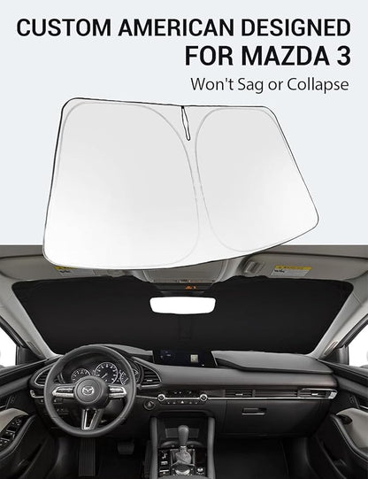 Proadsy 2026 Upgrade Windshield Sun Shade Custom Fit Mazda 3 2019-2025 2026 Mazda3 Hatchback/Sedan Front Sunshade Protector Foldable Sun Visor Blocks UV Rays Keep Car Cooler