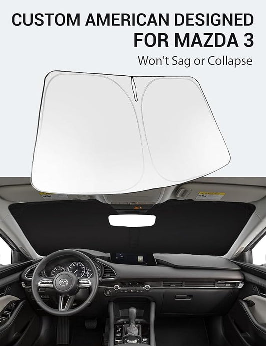 Proadsy 2026 Upgrade Windshield Sun Shade Custom Fit Mazda 3 2019-2025 2026 Mazda3 Hatchback/Sedan Front Sunshade Protector Foldable Sun Visor Blocks UV Rays Keep Car Cooler