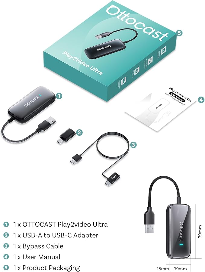 OTTOCAST Play2Video Ultra AI Box Wireless CarPlay and Android Auto Adapter, Converts Factory Wired CarPlay to Wireless, Dual WiFi & Bluetooth 5.4, for Wired CarPlay Cars