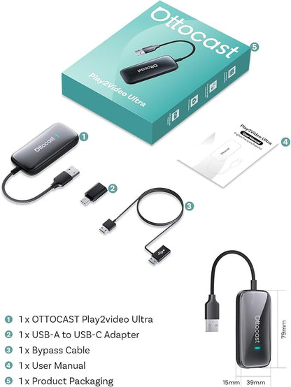 OTTOCAST Play2Video Ultra AI Box Wireless CarPlay and Android Auto Adapter, Converts Factory Wired CarPlay to Wireless, Dual WiFi & Bluetooth 5.4, for Wired CarPlay Cars