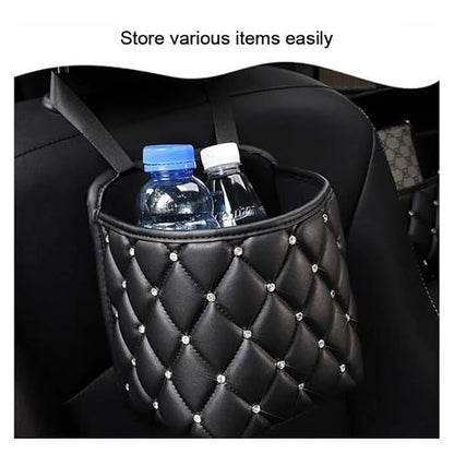 Bling Rhinestones Car Trash Can, Car Seat Back Organizer Trash Bag Auto Garbage Can Hanging Container Waste-Basket - Black