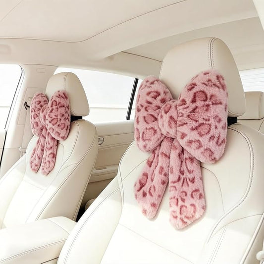 Sexysamba 2 Pcs Plush Bow Car Headrest Neck Pillow Cute Bow Pillow for Car Seat Décor Soft Neck Support for Comfortable Driving Traveling Office Fluffy Head Rest Cushion, Pink Leopard Print