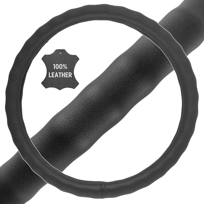 BDK Black Genuine Leather Steering Wheel Cover Large 15.5 to 16 inch