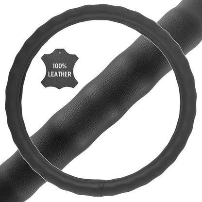 BDK SW-899-LK Black Leather Car Steering Wheel Cover Large Size 15.5 to 16 inch, Easy Installation